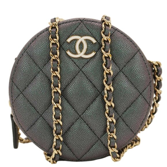 Chanel  Round Quilted Iridescent Caviar Leather Clutch Crossbody Bag Green - Picture 1 of 15